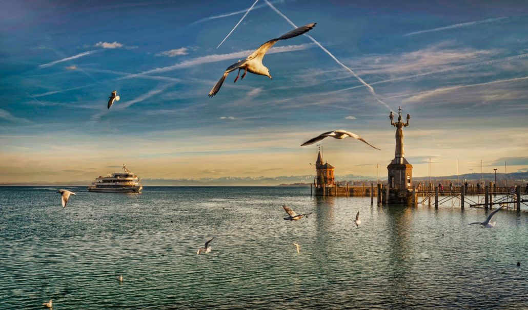 Ansicht des Konstanzer Hafens mit Blick auf Möwen, ein Schiff und die Imperia